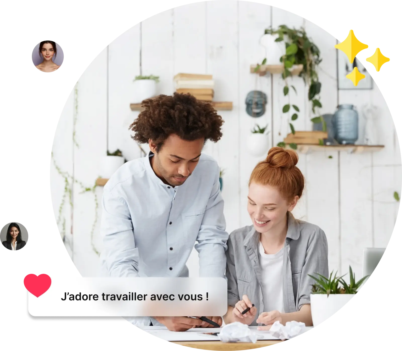 Deux collègues qui collaborent et se félicitent : « J'adore travailler avec vous ! »